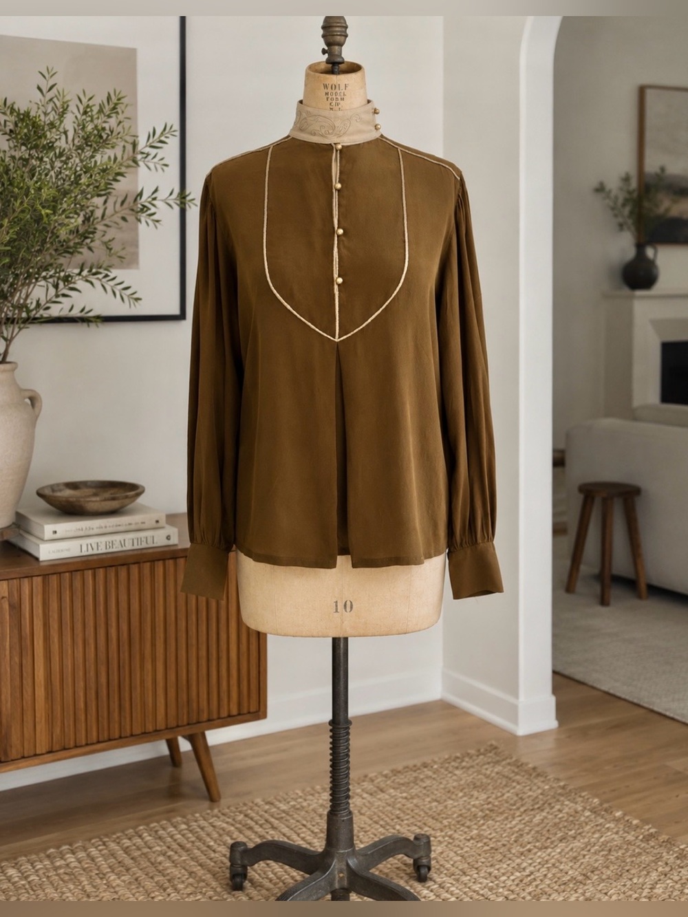 ESCADA 100% Silk Olive Brown Long-Sleeve Blouse with Contrast Gold Trim
